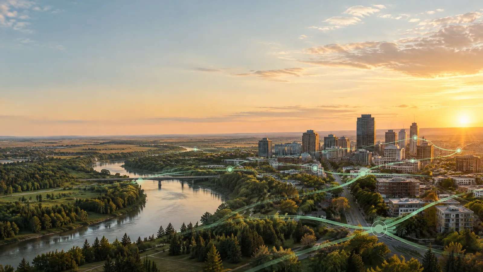 Illustrative Alberta city landscape with a connected care-navigation motif.