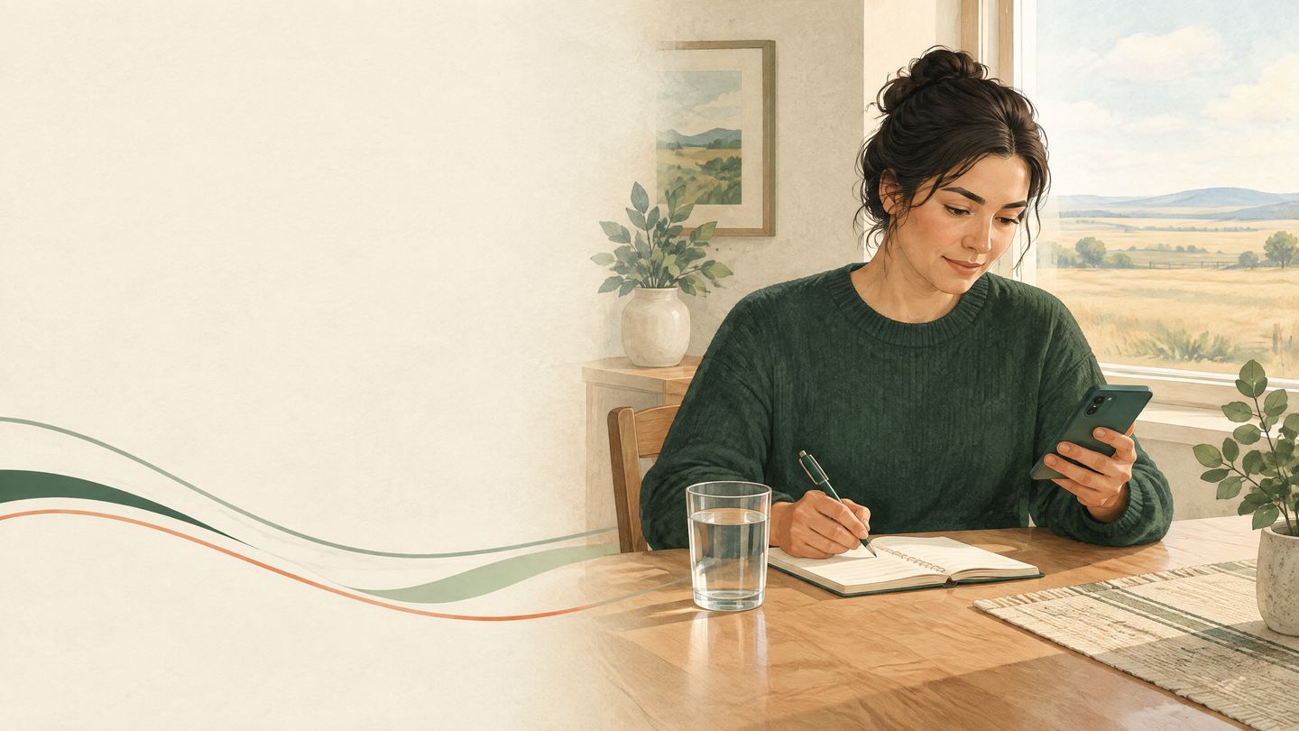 Illustration of a person preparing a symptom timeline and care question.